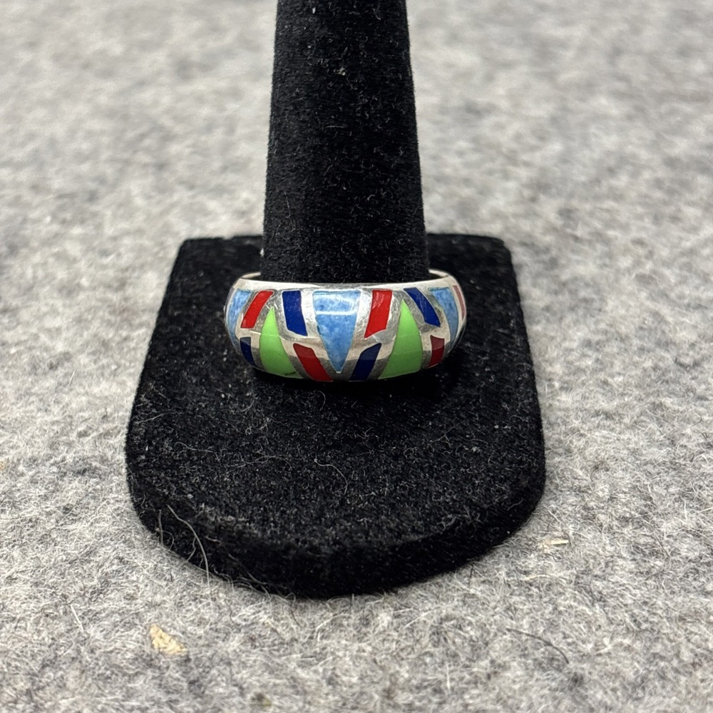 ALF 925 Thai Sterling Silver Multicolor Inlay Ring Size 10 Wide Band 6g